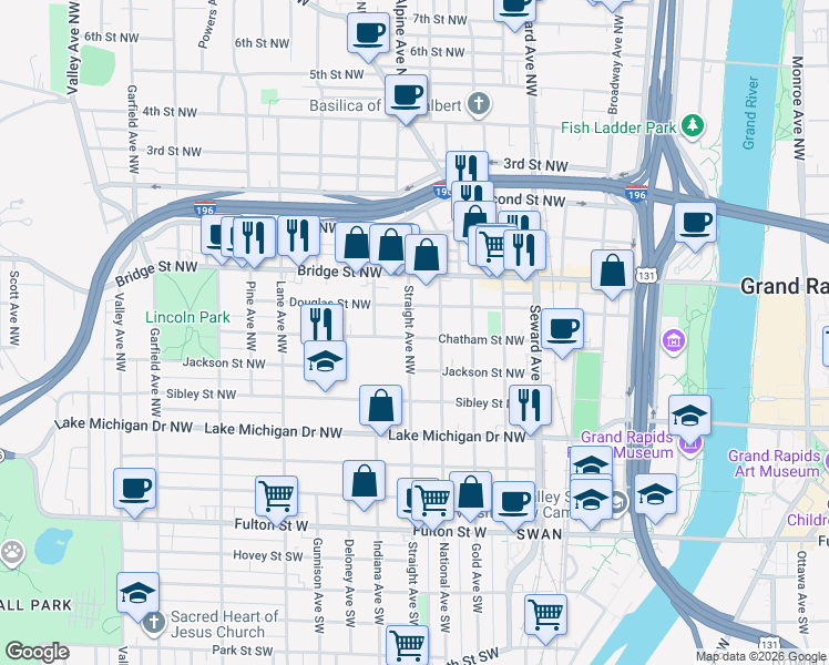map of restaurants, bars, coffee shops, grocery stores, and more near 300 Straight Avenue Northwest in Grand Rapids