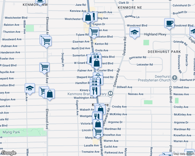 map of restaurants, bars, coffee shops, grocery stores, and more near 3113 Delaware Avenue in Buffalo