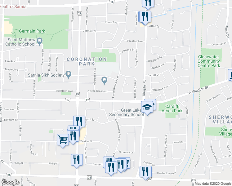 map of restaurants, bars, coffee shops, grocery stores, and more near 22 Lansdowne Avenue North in Sarnia