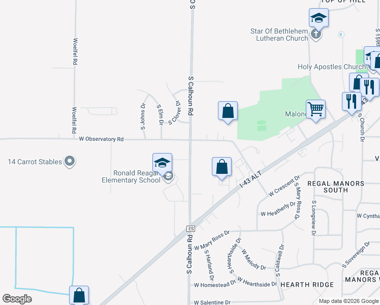 map of restaurants, bars, coffee shops, grocery stores, and more near 4225 South Calhoun Road in New Berlin