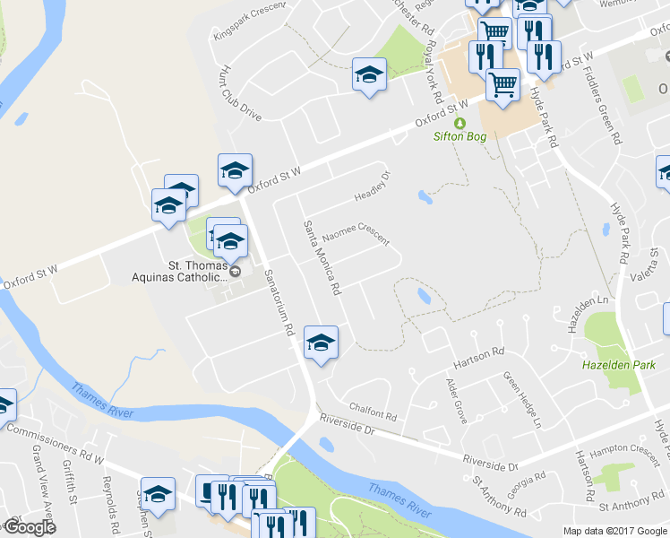 map of restaurants, bars, coffee shops, grocery stores, and more near 627 Santa Monica Road in London