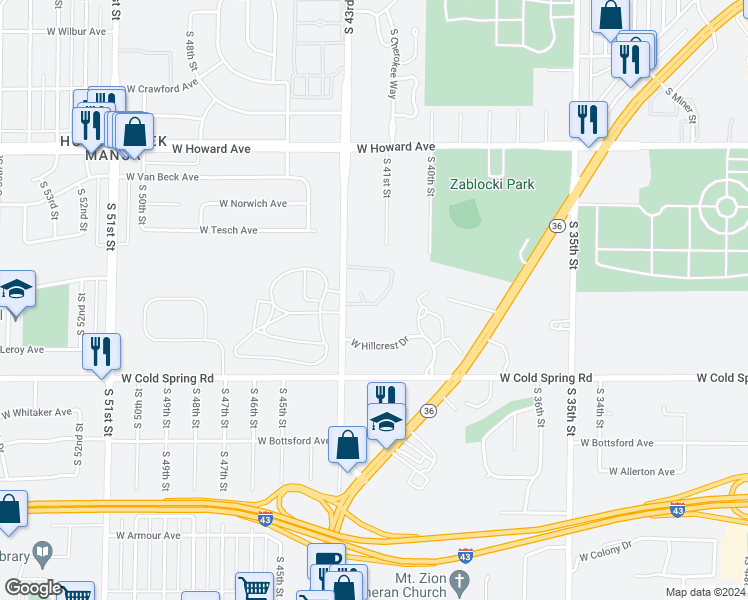 map of restaurants, bars, coffee shops, grocery stores, and more near 4108 South 43rd Street in Greenfield