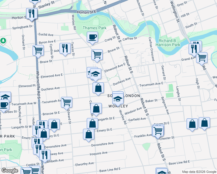 map of restaurants, bars, coffee shops, grocery stores, and more near 225 Wortley Road in London