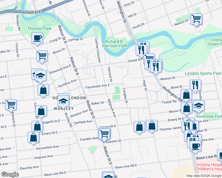 map of restaurants, bars, coffee shops, grocery stores, and more near 371 Tecumseh Avenue East in London
