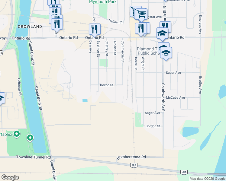 map of restaurants, bars, coffee shops, grocery stores, and more near 340 Alberta Street in Welland