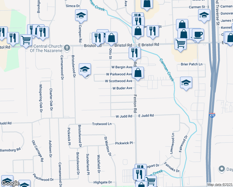 map of restaurants, bars, coffee shops, grocery stores, and more near 1070 West McLean Avenue in Flint