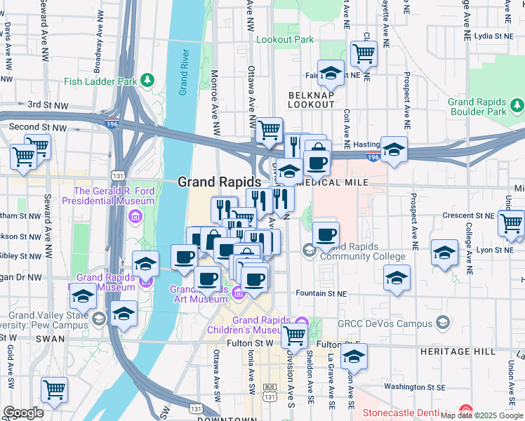 map of restaurants, bars, coffee shops, grocery stores, and more near 300 Ottawa Avenue Northwest in Grand Rapids
