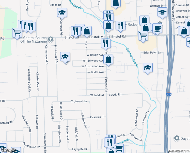 map of restaurants, bars, coffee shops, grocery stores, and more near 1050 West McLean Avenue in Flint