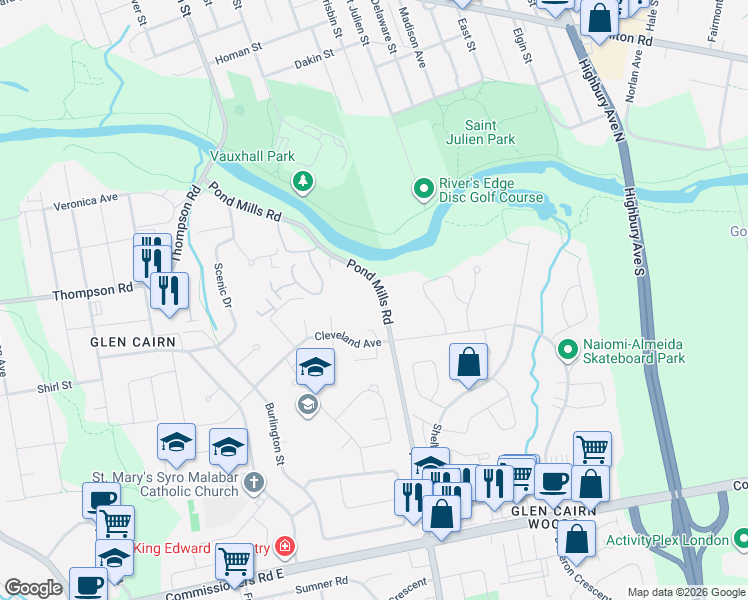 map of restaurants, bars, coffee shops, grocery stores, and more near 133 Pond Mills Road in London