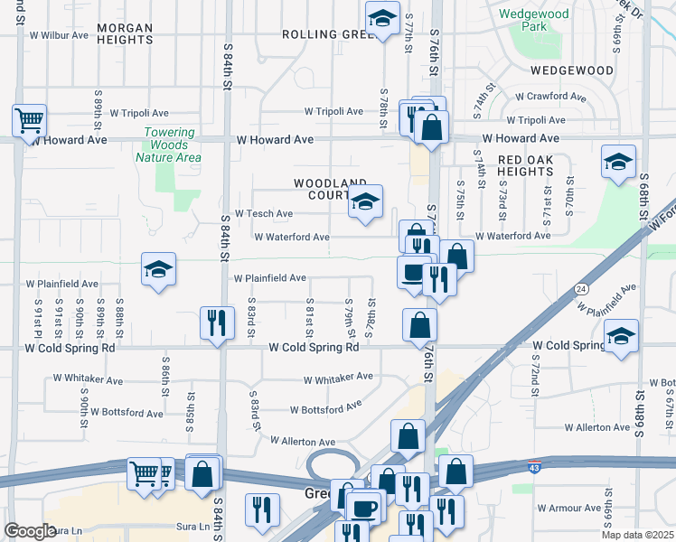 map of restaurants, bars, coffee shops, grocery stores, and more near 7928 West Plainfield Avenue in Greenfield