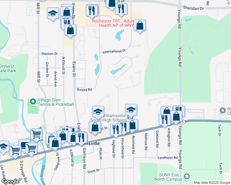 map of restaurants, bars, coffee shops, grocery stores, and more near 160 Farber Lane in Williamsville