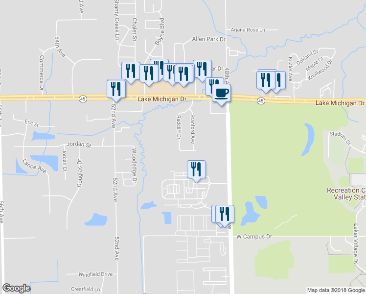 map of restaurants, bars, coffee shops, grocery stores, and more near 11020 Radcliff Drive in Allendale Charter Township