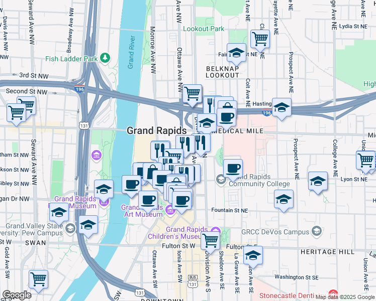 map of restaurants, bars, coffee shops, grocery stores, and more near 300 Ottawa Avenue Northwest in Grand Rapids