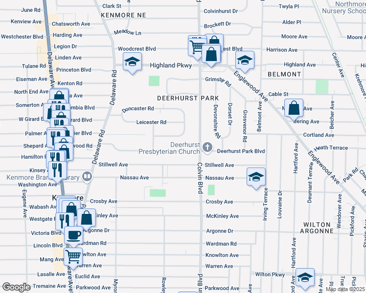 map of restaurants, bars, coffee shops, grocery stores, and more near 212 Deerhurst Park Boulevard in Buffalo