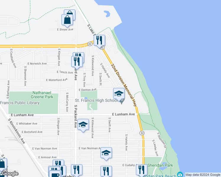 map of restaurants, bars, coffee shops, grocery stores, and more near 3775 East Denton Avenue in Milwaukee