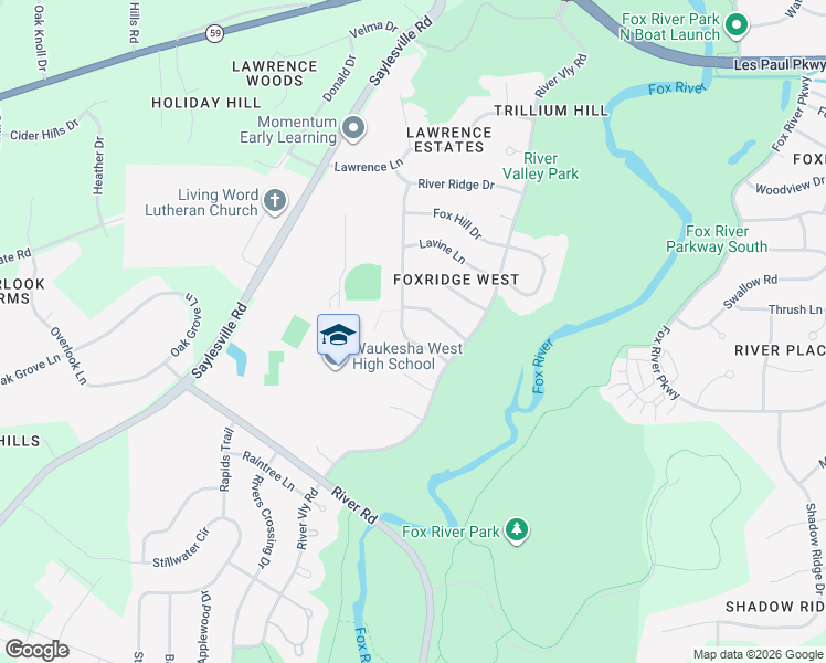 map of restaurants, bars, coffee shops, grocery stores, and more near 3315 Fox Ridge Drive in Waukesha