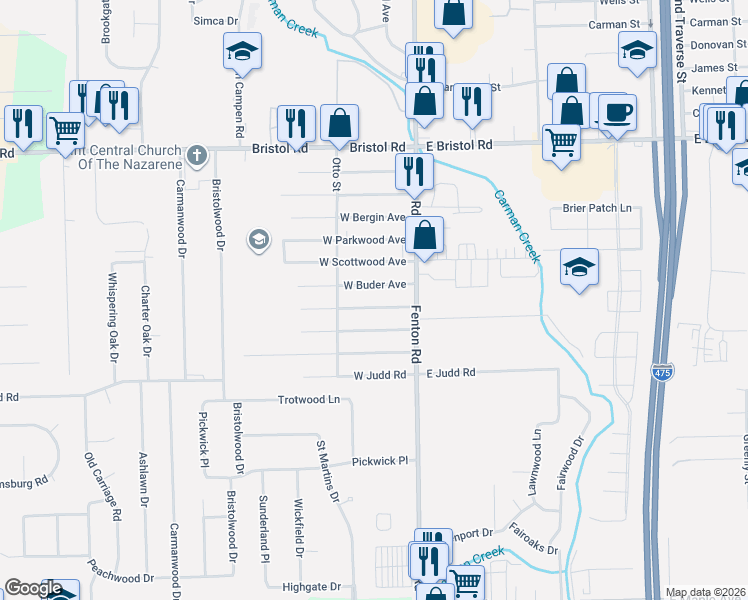 map of restaurants, bars, coffee shops, grocery stores, and more near 1028 West McLean Avenue in Flint