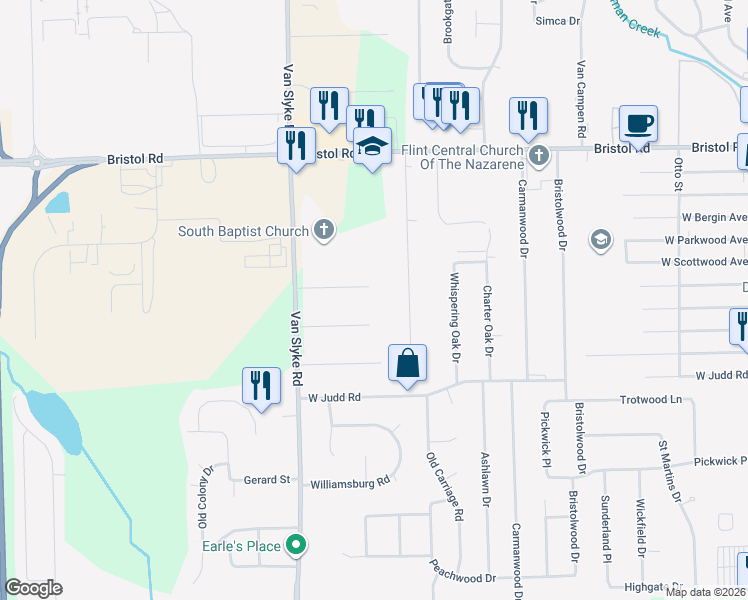 map of restaurants, bars, coffee shops, grocery stores, and more near 1446 Maria Street in Flint