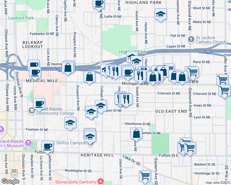 map of restaurants, bars, coffee shops, grocery stores, and more near 557 Crescent Street Northeast in Grand Rapids