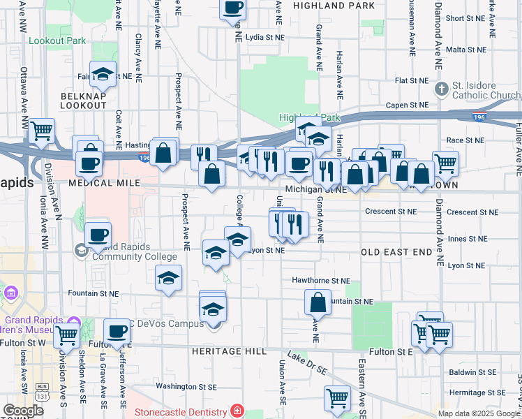 map of restaurants, bars, coffee shops, grocery stores, and more near 521 Crescent Street Northeast in Grand Rapids