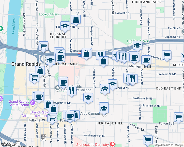 map of restaurants, bars, coffee shops, grocery stores, and more near 335 Crescent Street Northeast in Grand Rapids