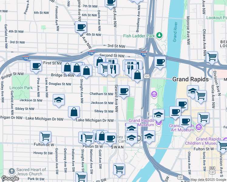 map of restaurants, bars, coffee shops, grocery stores, and more near 301 Seward Avenue Northwest in Grand Rapids