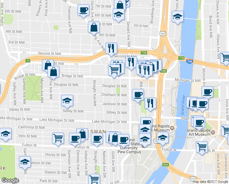 map of restaurants, bars, coffee shops, grocery stores, and more near 649 Chatham Street Northwest in Grand Rapids