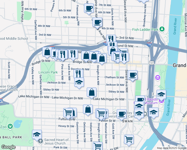 map of restaurants, bars, coffee shops, grocery stores, and more near 301 Indiana Avenue Northwest in Grand Rapids