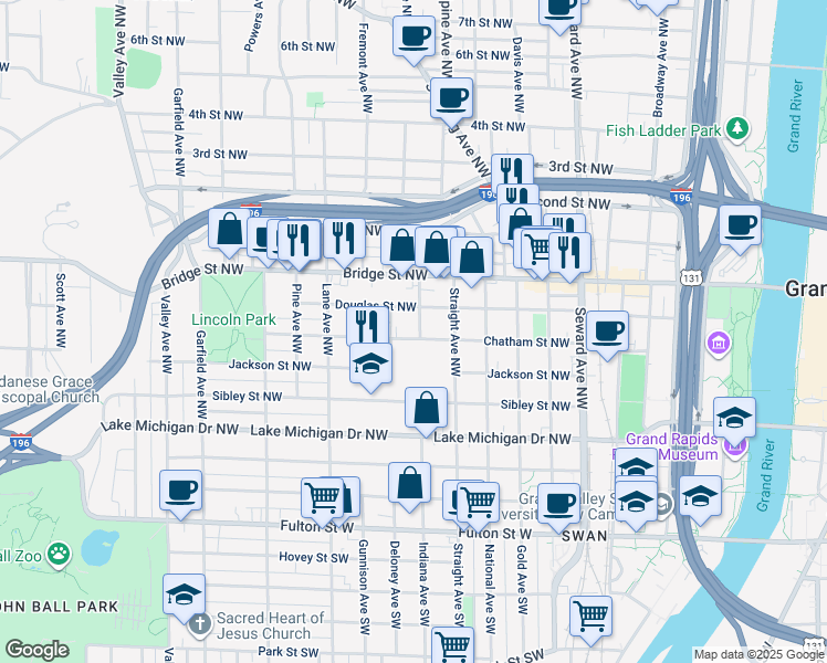 map of restaurants, bars, coffee shops, grocery stores, and more near 301 Indiana Avenue Northwest in Grand Rapids