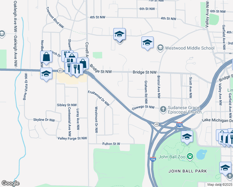 map of restaurants, bars, coffee shops, grocery stores, and more near 1827 Lake Michigan Drive Northwest in Grand Rapids