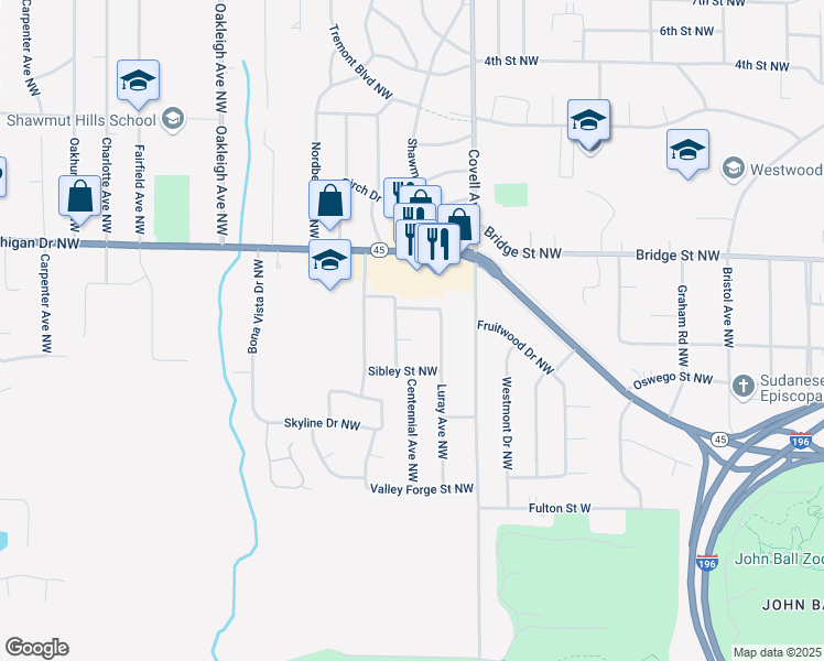 map of restaurants, bars, coffee shops, grocery stores, and more near 2055 Centennial Court Northwest in Grand Rapids