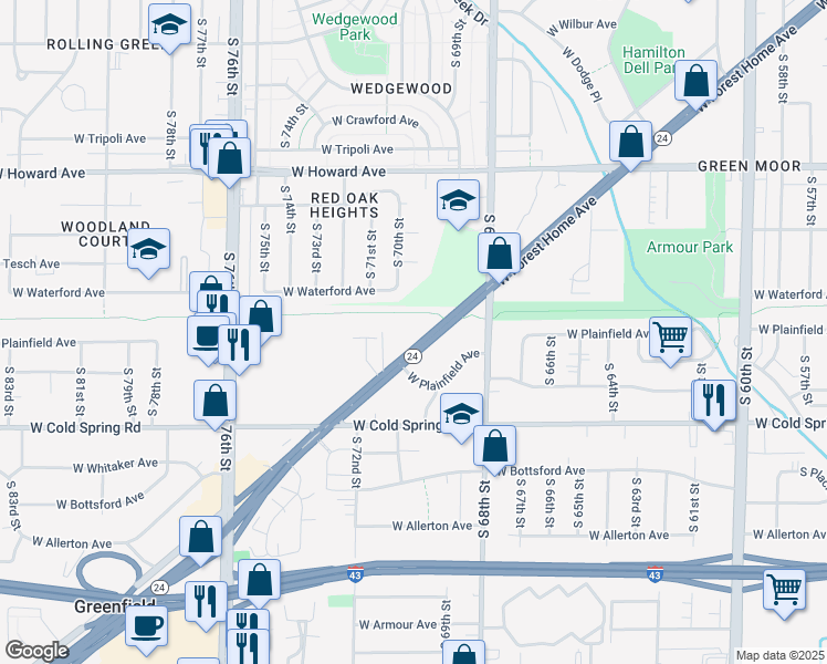 map of restaurants, bars, coffee shops, grocery stores, and more near 6953 West Forest Home Avenue in Greenfield