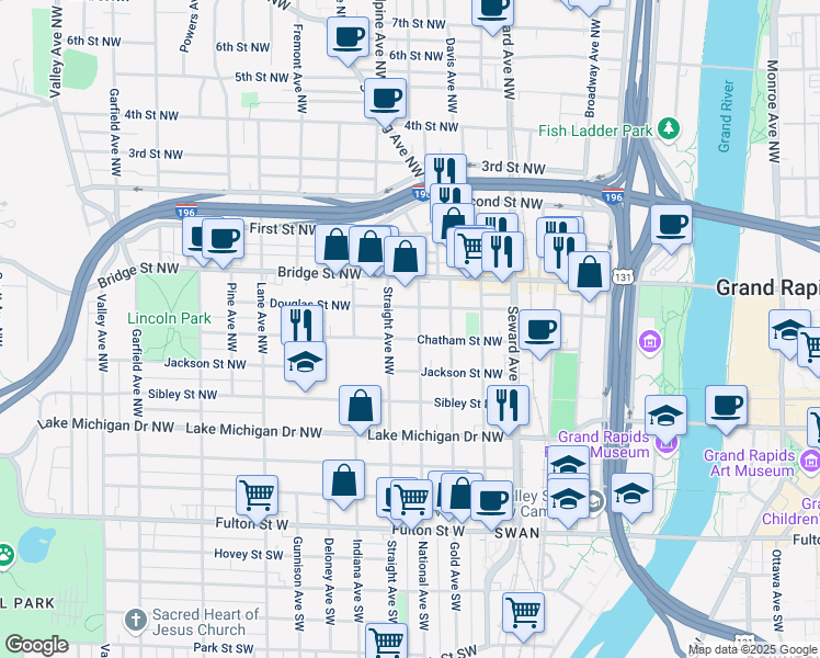 map of restaurants, bars, coffee shops, grocery stores, and more near 719 Chatham Street Northwest in Grand Rapids