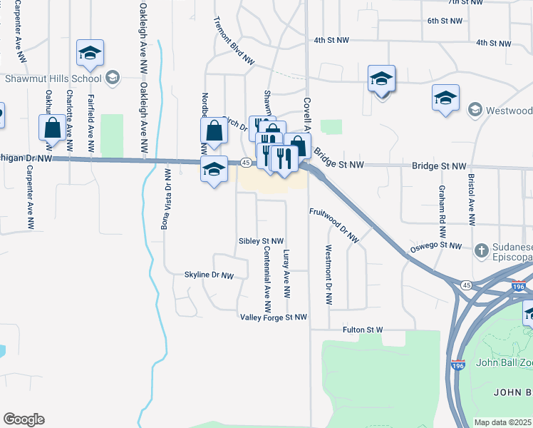 map of restaurants, bars, coffee shops, grocery stores, and more near 2055 Centennial Court Northwest in Grand Rapids