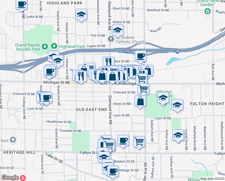 map of restaurants, bars, coffee shops, grocery stores, and more near 344 Diamond Avenue Northeast in Grand Rapids