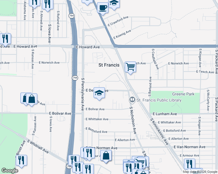 map of restaurants, bars, coffee shops, grocery stores, and more near 2710 East Denton Avenue in Saint Francis