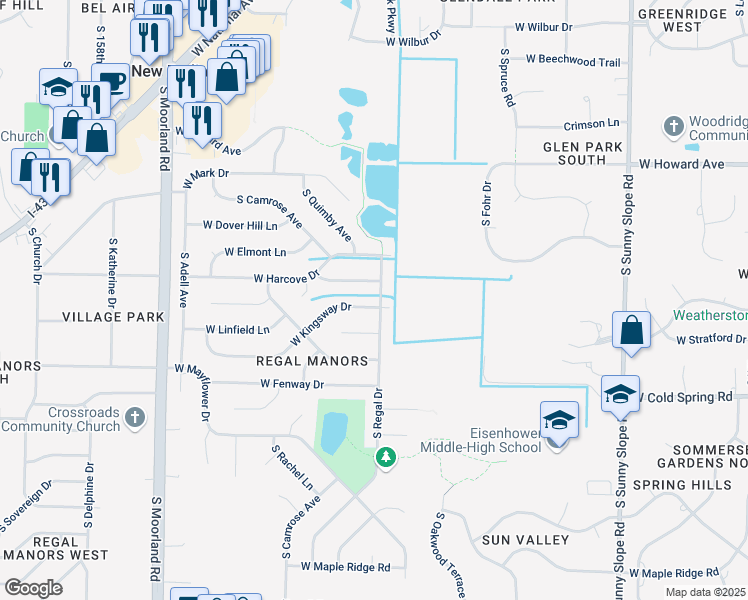 map of restaurants, bars, coffee shops, grocery stores, and more near 14875 West Kingsway Drive in New Berlin
