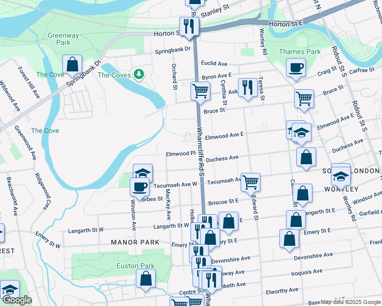 map of restaurants, bars, coffee shops, grocery stores, and more near 12 Elmwood Place in London