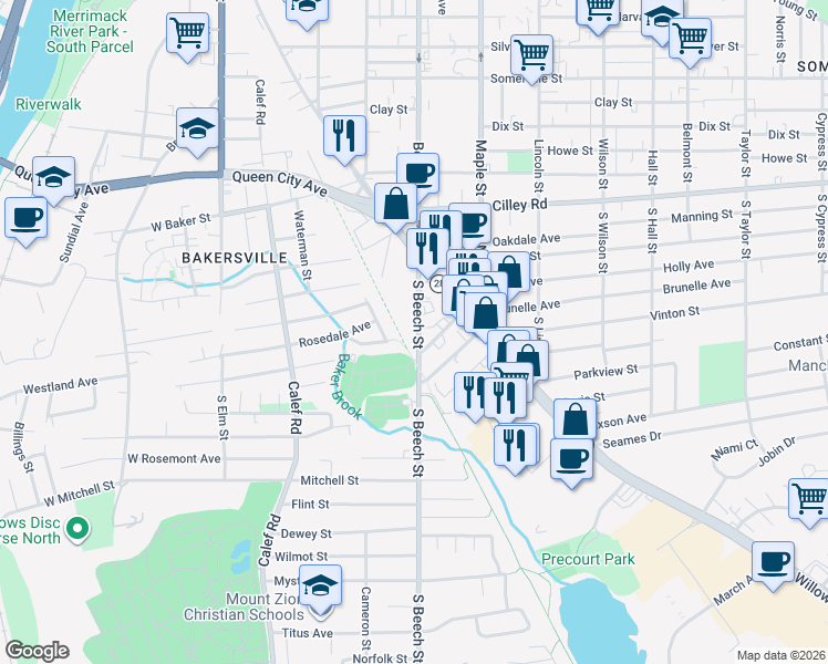 map of restaurants, bars, coffee shops, grocery stores, and more near 211 South Beech Street in Manchester