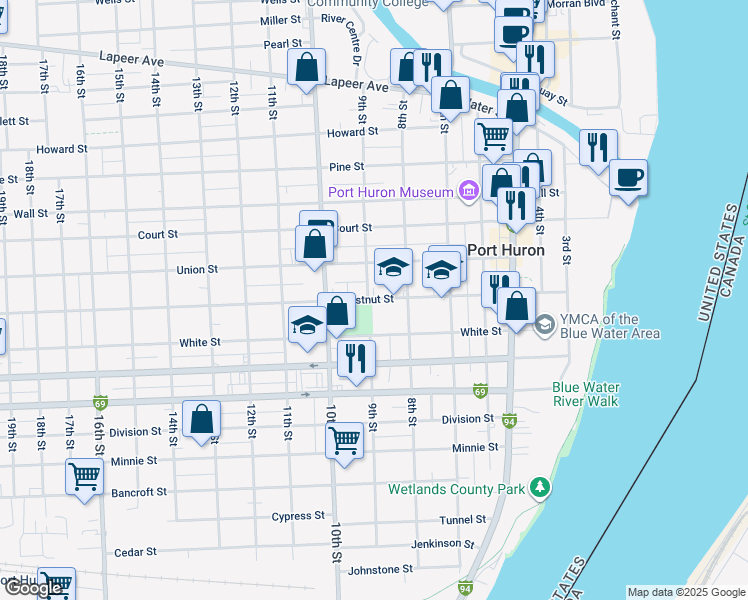 map of restaurants, bars, coffee shops, grocery stores, and more near 909 Chestnut Street in Port Huron