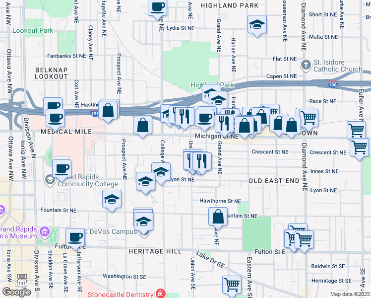 map of restaurants, bars, coffee shops, grocery stores, and more near 557 Crescent Street Northeast in Grand Rapids