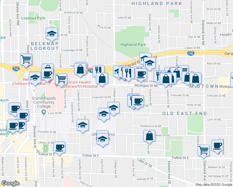 map of restaurants, bars, coffee shops, grocery stores, and more near 521 Crescent Street Northeast in Grand Rapids