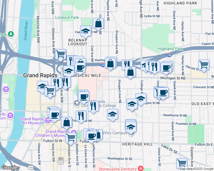 map of restaurants, bars, coffee shops, grocery stores, and more near 241 Crescent Street Northeast in Grand Rapids