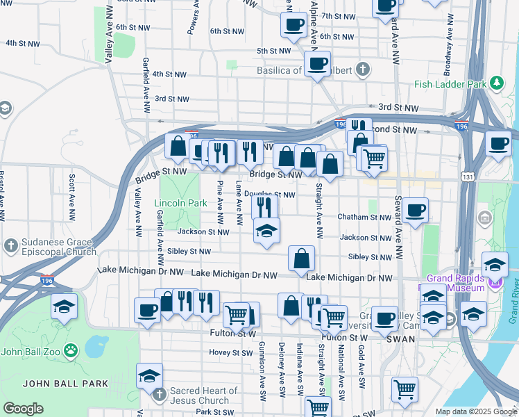 map of restaurants, bars, coffee shops, grocery stores, and more near 952 Chatham Street Northwest in Grand Rapids