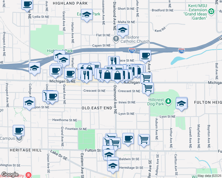 map of restaurants, bars, coffee shops, grocery stores, and more near 936 Crescent Street Northeast in Grand Rapids