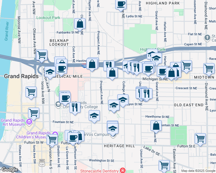 map of restaurants, bars, coffee shops, grocery stores, and more near 429 Crescent Street Northeast in Grand Rapids