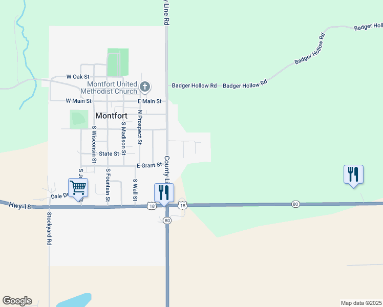 map of restaurants, bars, coffee shops, grocery stores, and more near 407 View Road in Montfort