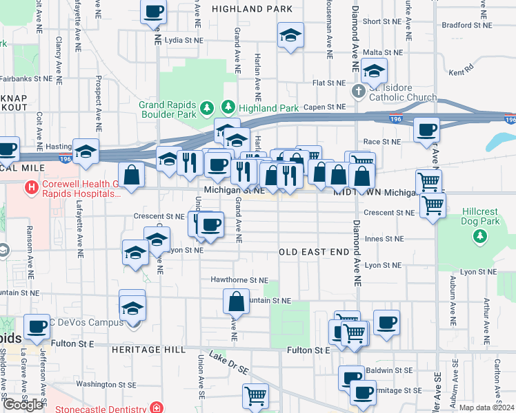 map of restaurants, bars, coffee shops, grocery stores, and more near 729 Crescent Street Northeast in Grand Rapids