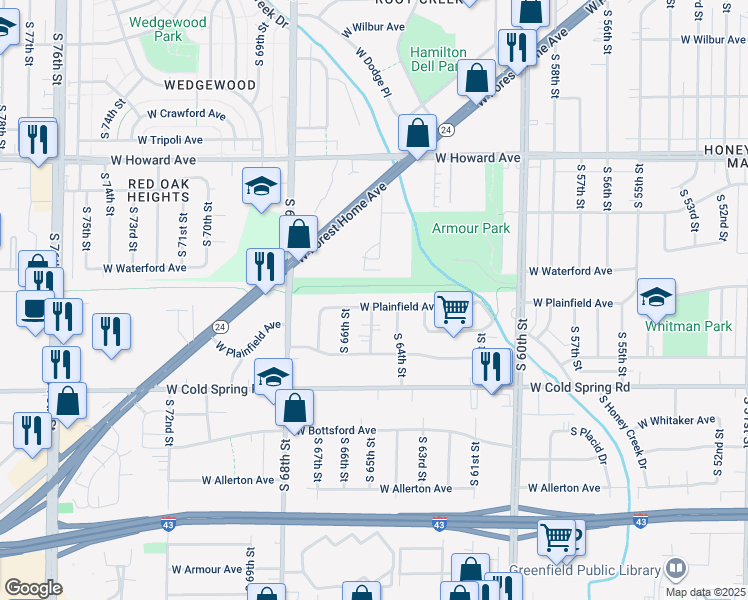 map of restaurants, bars, coffee shops, grocery stores, and more near 6444 West Plainfield Avenue in Greenfield