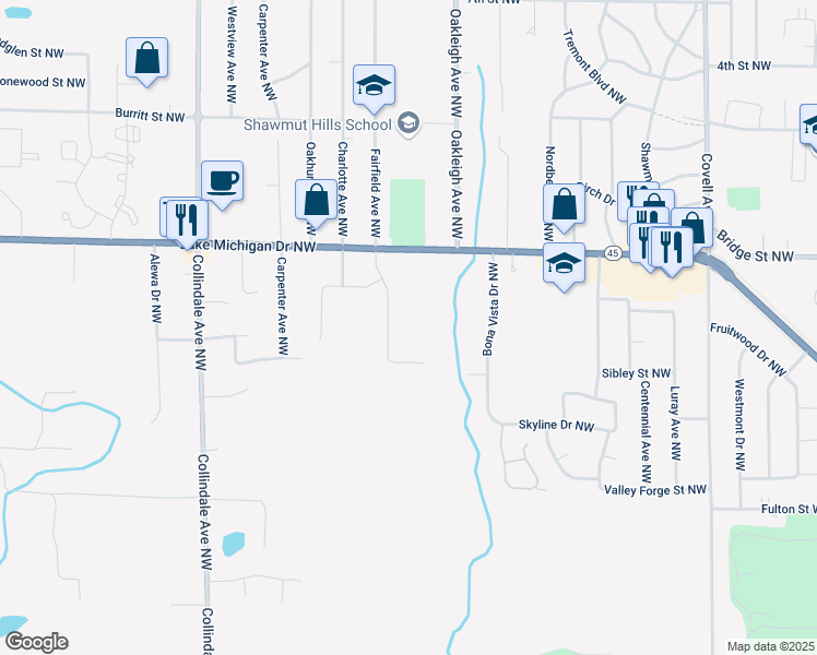 map of restaurants, bars, coffee shops, grocery stores, and more near 2492 Lake Michigan Drive Northwest in Grand Rapids